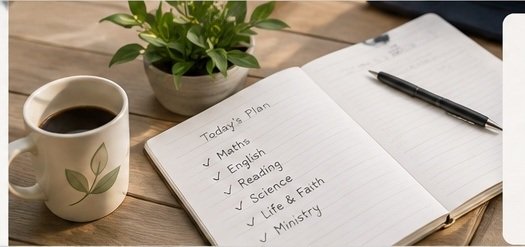 A calm home-learning planning scene with a notebook, weekly subject list, plant and warm drink