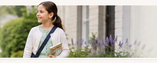 A young girl dressed smartly for the ministry carrying one navy crossbody satchel strap