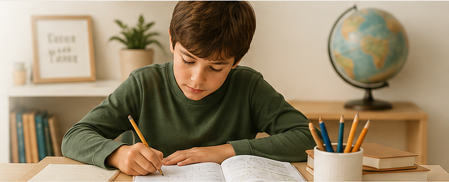 A child studying at home with books and a globe