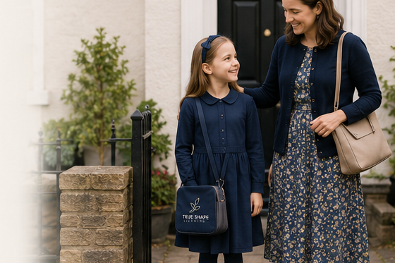 A girl in a smart navy cotton dress and tights, ready to go out with her mother, carrying a small navy ministry bag